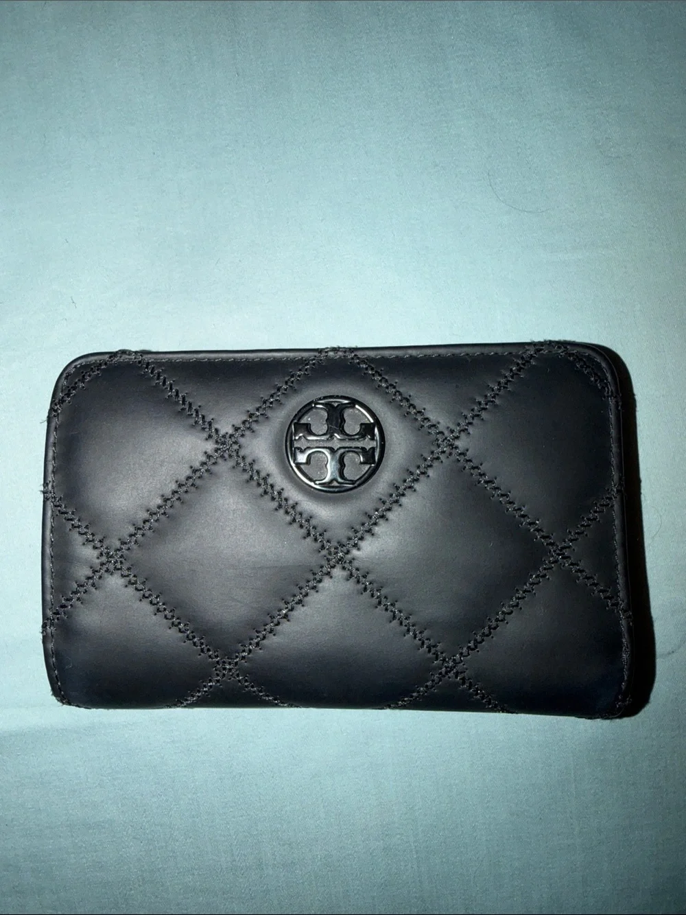 Tory Burch Black Quilted Zip Wallet with Logo Medallion